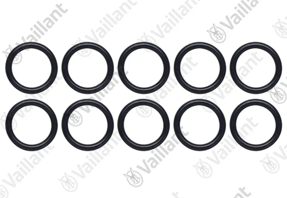 Zehn schwarze O-Ringe auf weißem Hintergrund, markiert mit dem Logo von Vaillant.